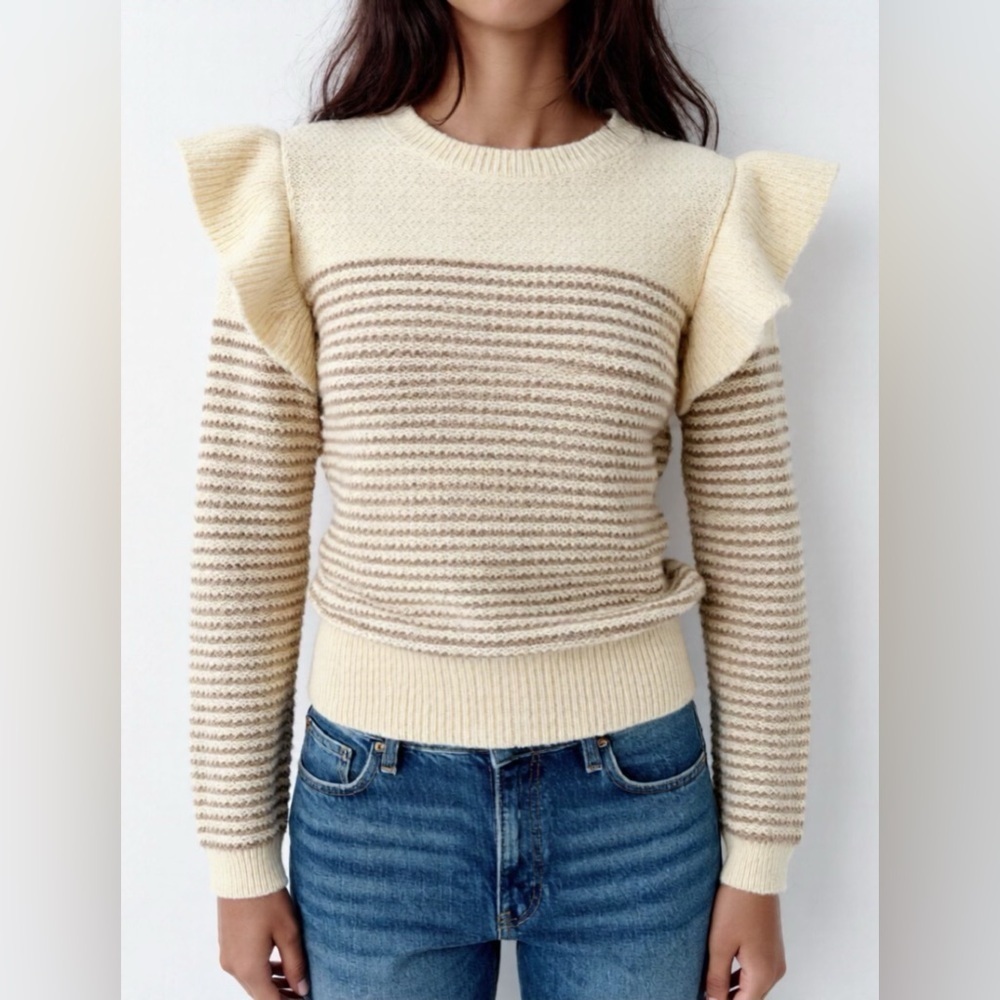 NEW LC Lauren Conrad Beige Knit Striped Ruffles Sweater Top Sz XS